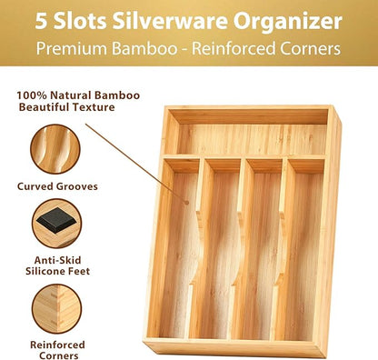 Umilife Bamboo Kitchen Drawer Organizer, 8.25 Inch Silverware Utensils Tray Holder for Small Drawer, Wood Caddy for Flatware Cutlery Knives