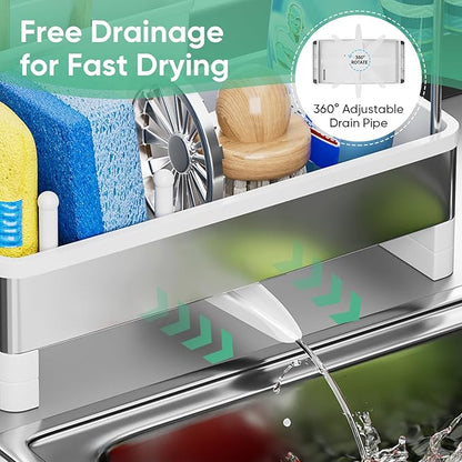 VUSIGN Sponge Holder for Kitchen Sink, Sink Caddy Organizer with Brush Holder, Rustproof Stainless, Self-Draining Sink Organizer for Countertop, Sponges, Brushes, Kitchen Decor and Accessories, White