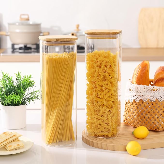 Glass Food Storage Jars with Lids(2.2QT)Square Set of 3 ,Glass Storage Containers Clear Glass Food Canister with Bamboo Lid Airtight For Serving Tea, Coffee Beans, Flour,Cookie, Cereal,Spice and More