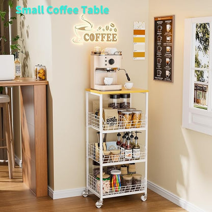 HapiRm Kitchen Fruit Vegetable Cart - 4 Tier Rolling Storage Rack with Wheels and Dividers, Coffee Station Cart Rack Shelf Organizer for Onion, Potato, Snack, Fruit, Vegetable Storage Stand, White