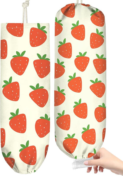 Plastic Bag Holder, Grocery Bag Organizer - 1 Pack Cute Kitchen Dispenser Holders Reusable Shopping Western Hanging Wall with Adjustment Drawstring Closure for Women Home, Strawberry