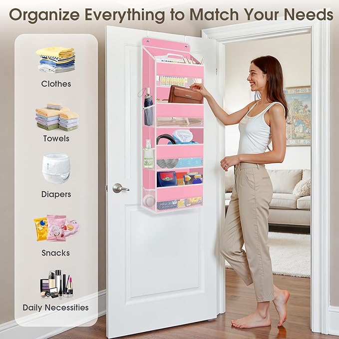 2 Pack Over The Door Organizer Hanging Storage Organizers with Clear Window 40lb Large Capacity Room Organizer for Pantry Laundry Bathroom Nursery Closet(Pink)