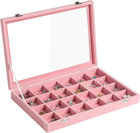 Frebeauty Velvet Jewelry Tray,24 Grid Jewelry Organizer with Clear Lid,Earring Holder Organizer with Clasp,Drawer Insert Rings Pendants Brooches,13.8 x 9.5 x 2 Inches,Gift for Women(Pink)