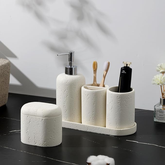 Haocoott Bathroom Accessories Set, 5PCS Modern Bathroom Accessory Set with Soap Dispenser, Mouthwash Cup & Toothbrush Holder, Qtip Holder, Tray
