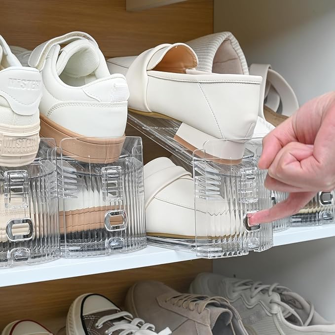 Shoe Slots Organizer for Closet, 8-Pack Adjustable Shoe Stacker & Space Saver Shoe Rack, Clear Double Deck Shoe Storage for Small Spaces (Transparent Gold)