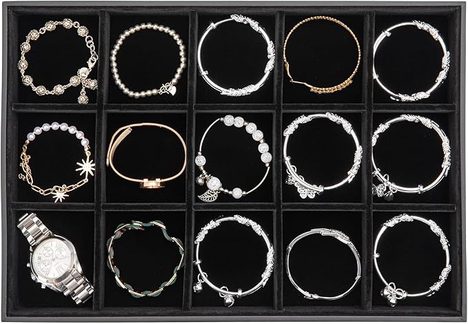 Polmart Stackable 15-Grid Jewelry Organizer/Storage/Display Trays, Black Velvet (2-Pack)