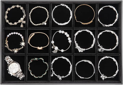 Polmart Stackable 15-Grid Jewelry Organizer/Storage/Display Trays, Black Velvet (2-Pack)