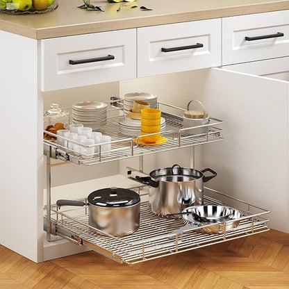 2 Tier Individual Pull Out Cabinet Organizer 25½" W x 21½" D, Heavy Duty Cabinet Pull Out Shelves, Slide Out Drawers Organization for Kitchen Cabinets Bathroom