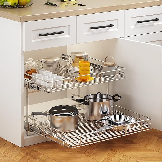 MODCART 2 Tier Individual Pull Out Cabinet Organizer 27" W x 21½" D, Heavy Duty Cabinet Pull Out Shelves, Slide Out Drawers Organization for Kitchen Cabinets Bathroom