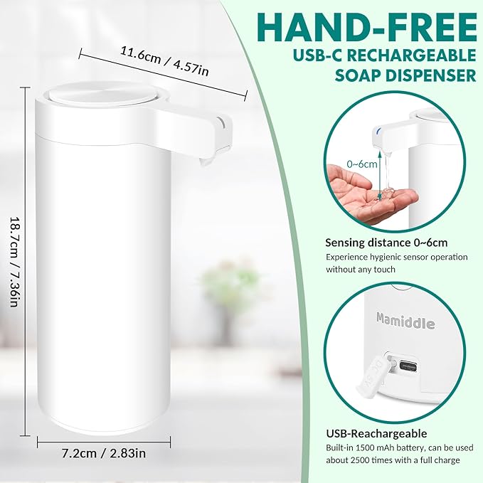 Mamiddle Automatic Soap Dispenser Stainless Steel with Sensor Infrared Soap Dispenser Electric IPX5 Waterproof USB-C Charging Motion Sensor for Kitchen & Bathroom (White)