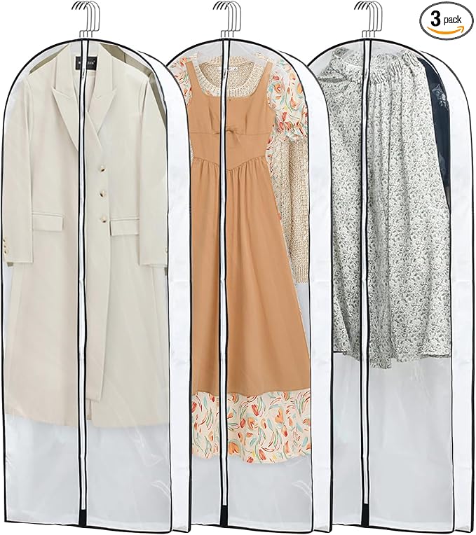 3 Pack Garment Bags for Hanging Clothes Storage, Clear Suit Dress Bags with Zippers for Travel Moving, Breathable Closet Storage for Shirts Gowns Coats Jackets Sweater Fur 60" Long