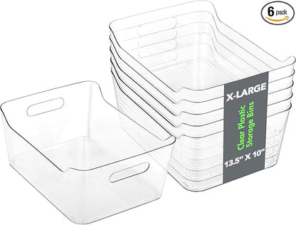Tiawudi 6 Pack Plastic Storage Bins, Extra Large Pantry Organizer, 13.5" x 10" Clear Storage Containers and Organizer Bins, Multi-Use Bins for Home, Kitchen, Closet and Cabinet