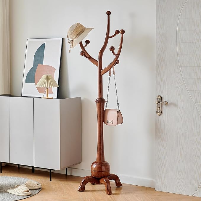 Wood Freestanding Coat Rack with 8 Hooks Wooden Hat Coat Tree Standing Clothes Hanger with Sturdy Sphere Base and Tree Branch Hooks 160lb Load Capacity for Entryway Hallway Bedroom, Walnut