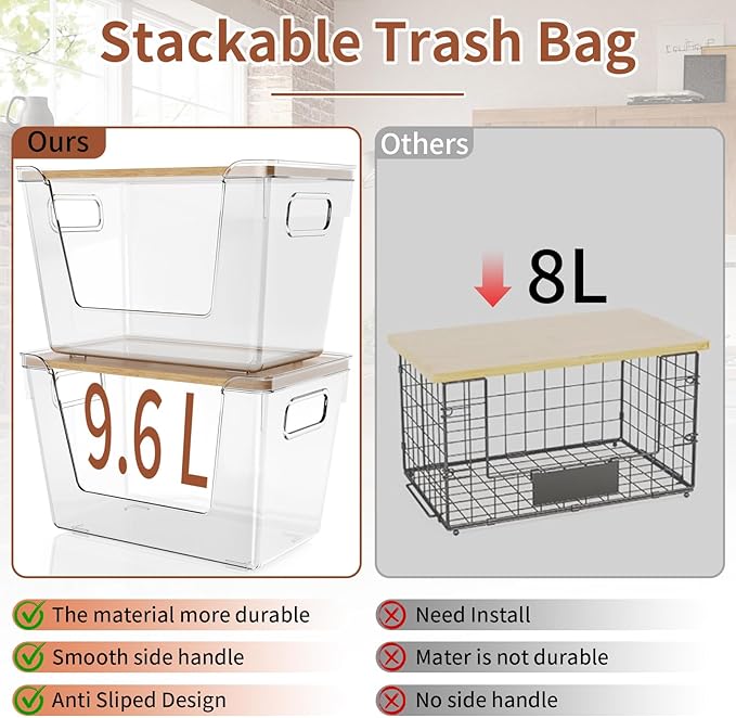 1 Set Stackable Storage with Bamboo Top for Laundry Room Organization, Extra Large Trash Bag/Garbage Bag Dispenser, Under Sink Organizer, Pantry Organizers