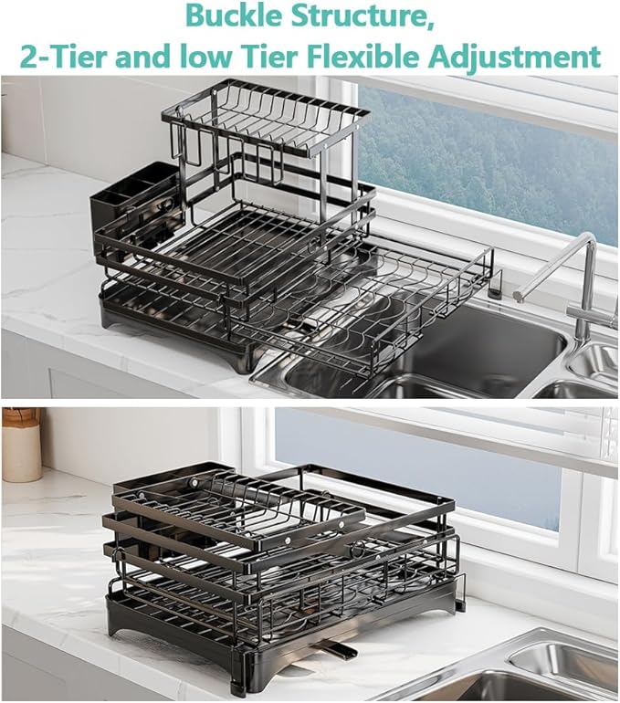 HANLE 2 Tier Dish Drying Rack - Large Extendable Dish Rack, 2-in-1 Anti-Rust Stainless Steel Dishrack for Kitchen Counter and Sink, Dish Strainer with Utensil Holder & Cup Holder(Black)