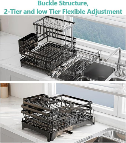 HANLE 2 Tier Dish Drying Rack - Large Extendable Dish Rack, 2-in-1 Anti-Rust Stainless Steel Dishrack for Kitchen Counter and Sink, Dish Strainer with Utensil Holder & Cup Holder(Black)