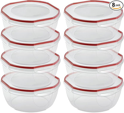 Sterilite Ultra-Seal 8.1 Qt Bowl, Large Airtight Food Storage Container, Latching Lid, Microwave and Dishwasher Safe, Clear With Red Gasket, 8-Pack