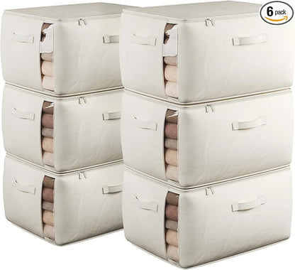 TomVista Large Canvas Clothes Storage Bags with Thick Handles and Clear Window, Foldable Cotton Linen Closet Organizer for Clothing, Blankets and Bedding, 70L, 6 Pack, Beige