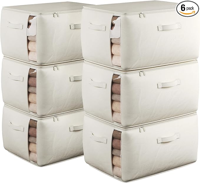 TomVista Large Canvas Clothes Storage Bags with Thick Handles and Clear Window, Foldable Cotton Linen Underbed Closet Organizer for Clothing, Blankets and Bedding, 60L, 6 Pack, Beige
