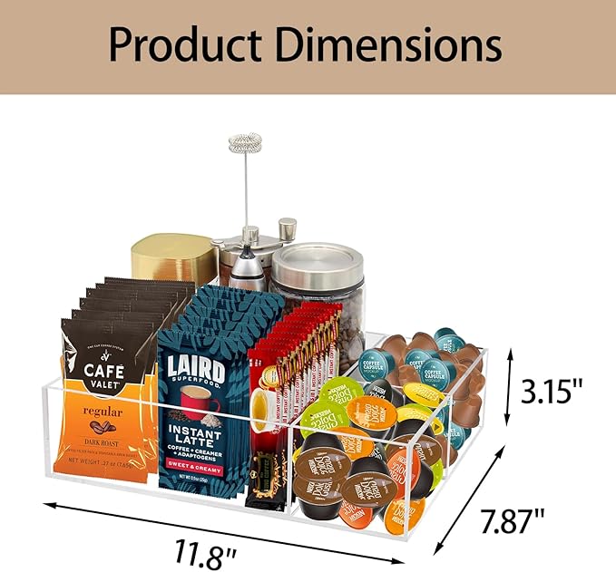 Coffee Station Organizer for Countertop, Removable Dividers Coffee Bar Accessories for Storage Sugar Packets Tea Bags, Clear