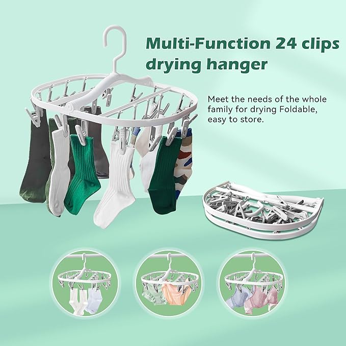 Premium Foldable Clothes Drying Hanger with 24 Clips, Anti-Rusty Plastic Drying Rack for Socks, Lingeries, Delicates and Baby Clothes (Grey)