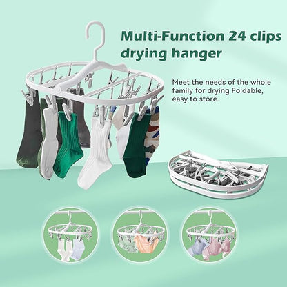Premium Foldable Clothes Drying Hanger with 24 Clips, Anti-Rusty Plastic Drying Rack for Socks, Lingeries, Delicates and Baby Clothes (Grey)