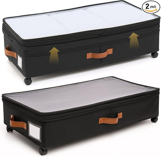AVOKIHI 2 Pack Under Bed Storage with Wheels, Rolling Underbed Storage Containers with Metal Frame, Dustproof Shoe Organizer & Clothes Drawer for Bedroom, Dorm Room Essentials