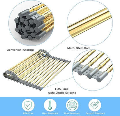 AXIMIXAME Expandable Large Draining Rack, Roll Up Heat-Resistant Dish Drainer for Stainless Steel Sinks, Collapsible Over The Sink Rack Non-Slip Silicone Rolling Up Rack Gold 18 Tube