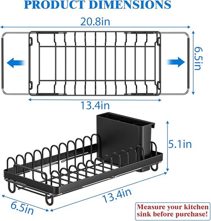 CHLORYARD Small Dish Drying Rack Over The Sink, Compact Dish Rack with Silicone Mat for Kitchen Counter, Expandable Dish Drainers Drying Rack Used in Sink & on Countertop, Black
