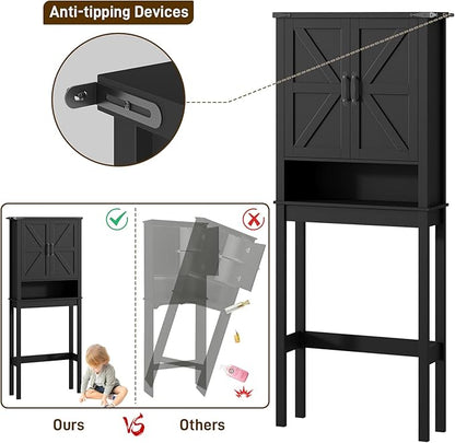 Halitaa Over The Toilet Storage Cabinet, Farmhouse Over Toilet Bathroom Organizer with 2 Barn Doors, Narrow Above Toilet Storage Cabinet, Behind Toilet Bathroom Organizer, Black