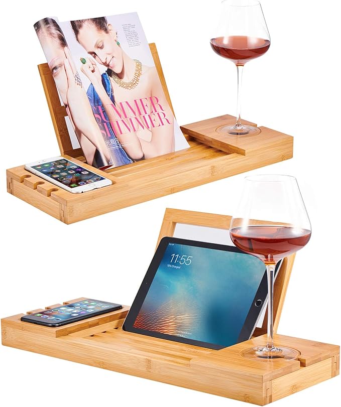 Utoplike Bamboo Bathtub Caddy Tray Bath Tray for Tub, Adjustable Bathroom Bathtub Organizer with Book Tablet Wine Glass Cup Towel Holder
