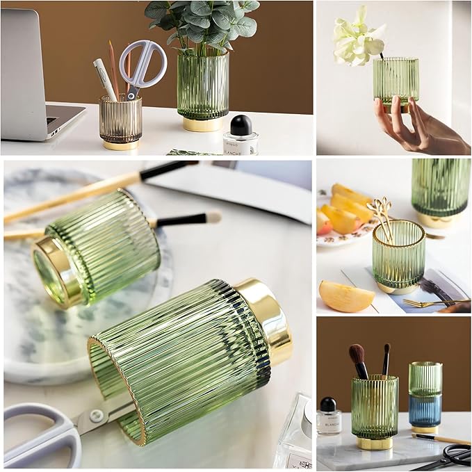 DASITON Makeup Brush holder Organizer,Crystal Cosmetic Makeup Brush Glass Brushes Storage Holder, Vintage Make Up Brush Cup Pen Pencil Holder striped vase(Green S)