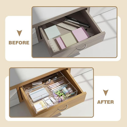 Briwooody Large Acrylic Desk Deep Drawer Organizer with Adjustable Dividers, Anti-Skip Clear Desk Top Organizer Tray for Pens, Desktop, Office, Bathroom, Kitchen, Makeup Supplies(6 Compartments)