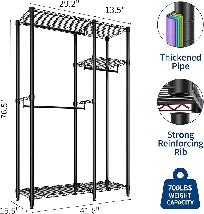 Portable Clothes Rack Heavy Duty Garment Rack, Large Freestanding Closet Wardrobe with Adjustable Shelves & 3 Hanging Rods, Closet Organizer and Storage for Bedroom Cloakroom, 76.5"H x 41.6"L x 15.5"W