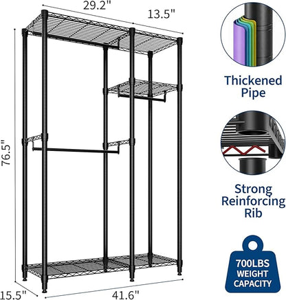 Portable Clothes Rack Heavy Duty Garment Rack, Large Freestanding Closet Wardrobe with Adjustable Shelves & 3 Hanging Rods, Closet Organizer and Storage for Bedroom Cloakroom, 76.5"H x 41.6"L x 15.5"W