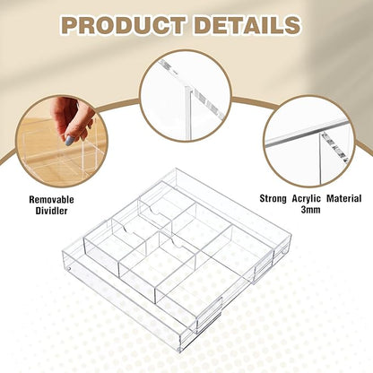 Briwooody 2 Pcs Acrylic Desk Drawer Organizer Maximum 12 x 18 x 2.1 Inch Expandable Drawer Organizer Trays with 8 Adjustable Compartments Desk Accessories for Makeup Silverware Office Bathroom