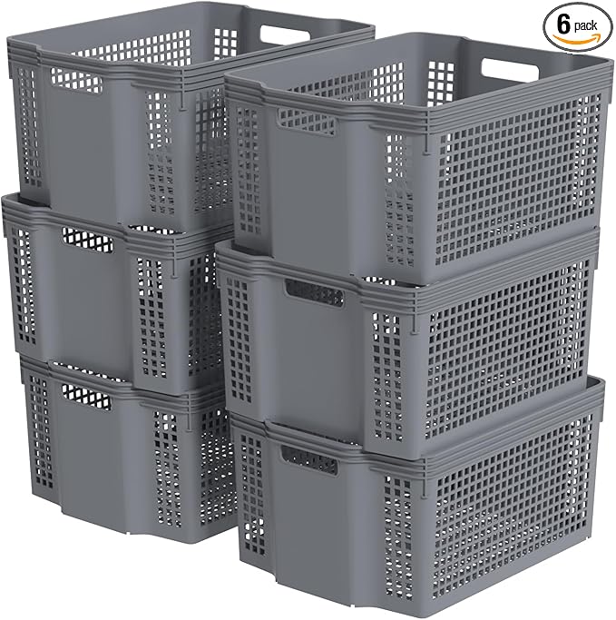 6 Packs Plastic Storage Baskets, Deep Stacking Baskets, Stackable Storage Basket Tray, Gray