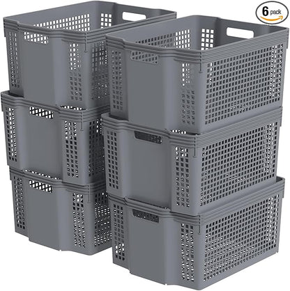 6 Packs Plastic Storage Baskets, Deep Stacking Baskets, Stackable Storage Basket Tray, Gray