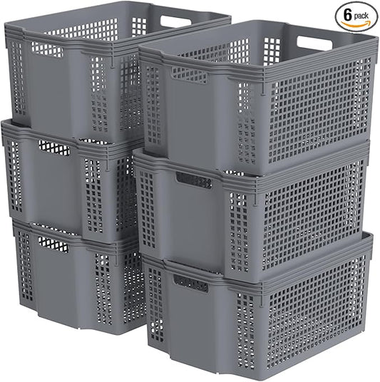 6 Packs Plastic Storage Baskets, Deep Stacking Baskets, Stackable Storage Basket Tray, Gray
