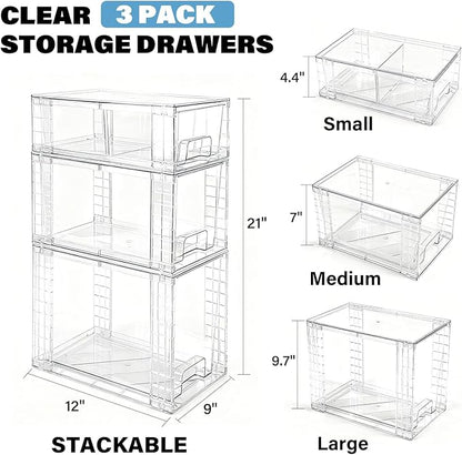 3 Pack Stackable Storage Drawers, Clear Plastic Storage Bins with Pull-out Handle for Kitchen Pantry Cabinet Bathroom Under Sink Organization