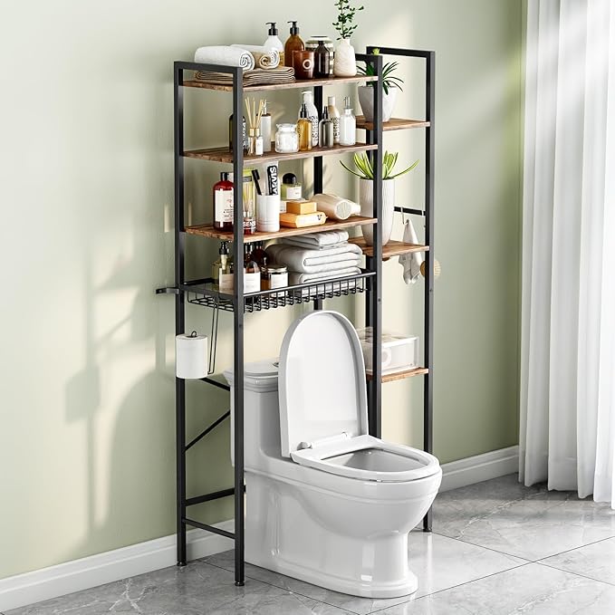 Kalrin 8-Tier Over The Toilet Storage with Side Rack, Over Toilet Storage Rack with Adjustable Shelf & Drain Basket, Freestanding Bathroom Organizer for Balcony, Laundry (Vintage Brown)