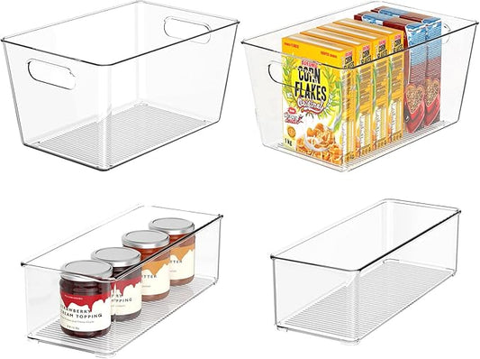 Set of 4 Clear Plastic Storage Bins, 2 Large +2 Small Pantry Organizers and Storage Containers for Kitchen Organization, Home Storage Essentials for Cabinet, Office, Garage, Freezer& Bathroom