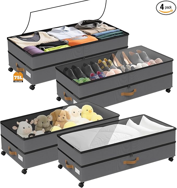 BETBEM Under Bed Storage with Wheels 4-Pack, 75L XXL Under the Bed Storage Containers Large, 12" Tall Adjustable Storage for Underbed with Lids, Rolling for Shoes, Clothes, Blankets (4PCS-Grey)