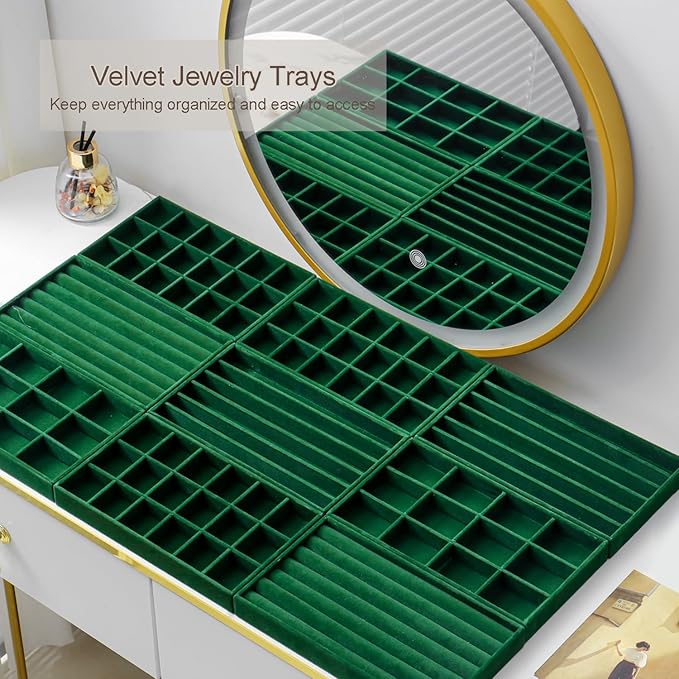 SPAKOWN Jewelry Organizer for Drawer, Adjustable Velvet Jewelry Tray, Stackable Necklace Organizer Earring Holder Organizer Ring Tray Jewelry Storage Display Drawer Inserts Set of 9 (Green)