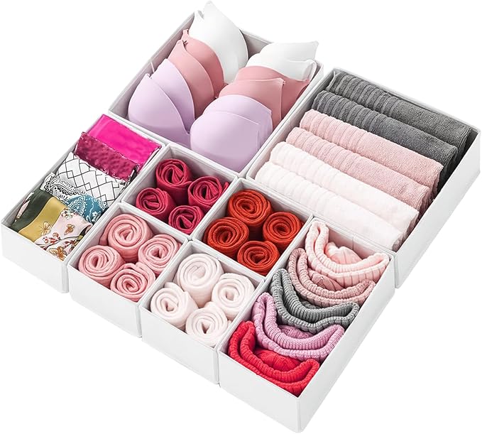 Mooisco 8 Pack Drawer Organizer Clothes, Fabric Closet Organizers and Storage, Foldable Cloth Storage Bins for Underwear Socks, Bra, Ties, Scarf, Belt, Hair Accessories, White