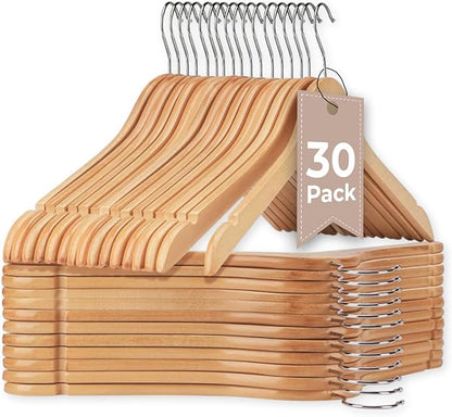 Kings Lifestyle Hub Wooden Hangers Premium Natural Bamboo Wood Hanger Well Polished Ergonomic Design & Sharply Cut Notches with Swivel Hook (Light Brown, Pack of 30)