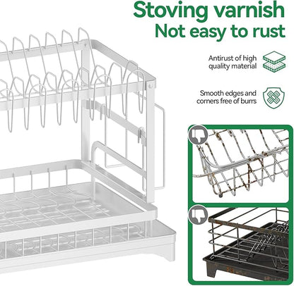 QECOUI 2-Tier Dish Drying Rack with Drainboard, Sink & Countertop Metal Dish Rack Organizer, Dish Drainers for Kitchen Counter, White Dish Racks
