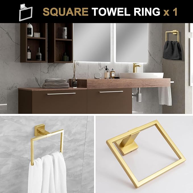 Brushed Gold Towel Bar Set, Lava Odoro 5-Piece Bathroom Hardware Set Gold Towel Rack Towel Holder Set Wall Mounted Stainless Steel, Bathroom Accessories Kit, 23.6-Inch