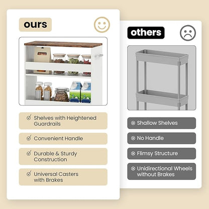 Small Kitchen Cart, 4-Tier Slim Rolling Island w/Handle, Laundry Room Storage Organizers Between Washer and Dryer, Narrow Spice Rack on Wheels Next to Fridge (White & Rustic Brown, 8'')