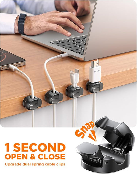 8Pack Cord Organizer [Dual Spring & Clasp, Max Secure] Cable Clips - Chfeila Cable Management, Adhesive Phone Charging Wire Holder for Nightstand/Wall, Home Office Desk Accessories Decor Essentials